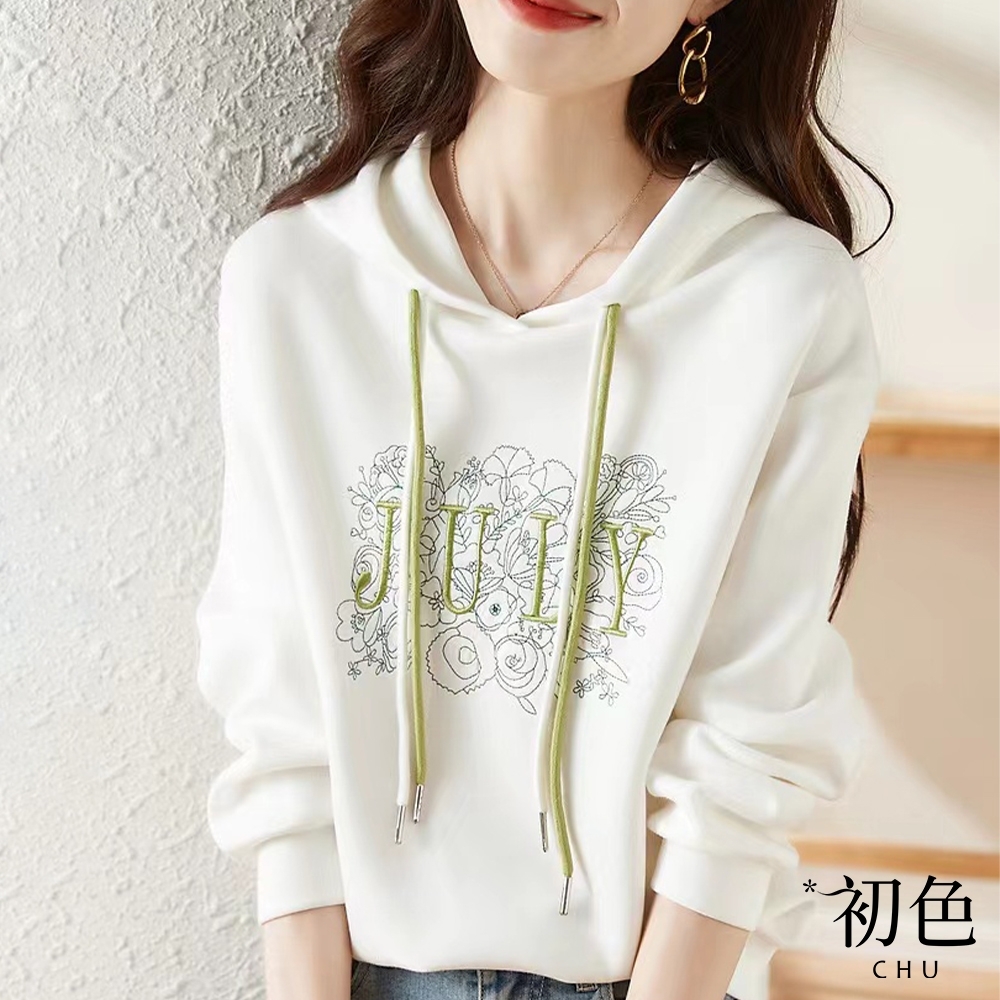 初色 字母印花大學T恤連帽T百搭長袖上衣-白色-64285(M-2XL可選)