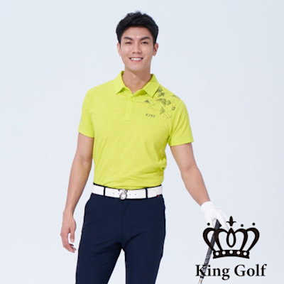 【KING GOLF】網路獨賣款-男款數位三角幾何開襟POLO衫/高爾夫球衫-淺綠