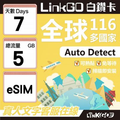 LINKGO白鑽卡 全球116國 eSIM卡 7天上網絡卡 總流量5GB(全球網絡卡 亞洲 歐洲 美洲 大洋洲 非洲)