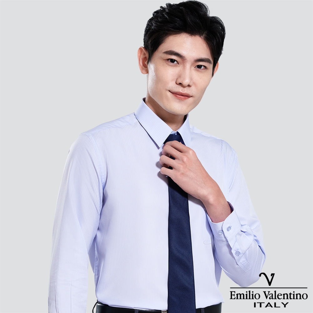 Emilio Valentino 范倫提諾仿天絲條紋長袖襯衫-三色任選 (藍)