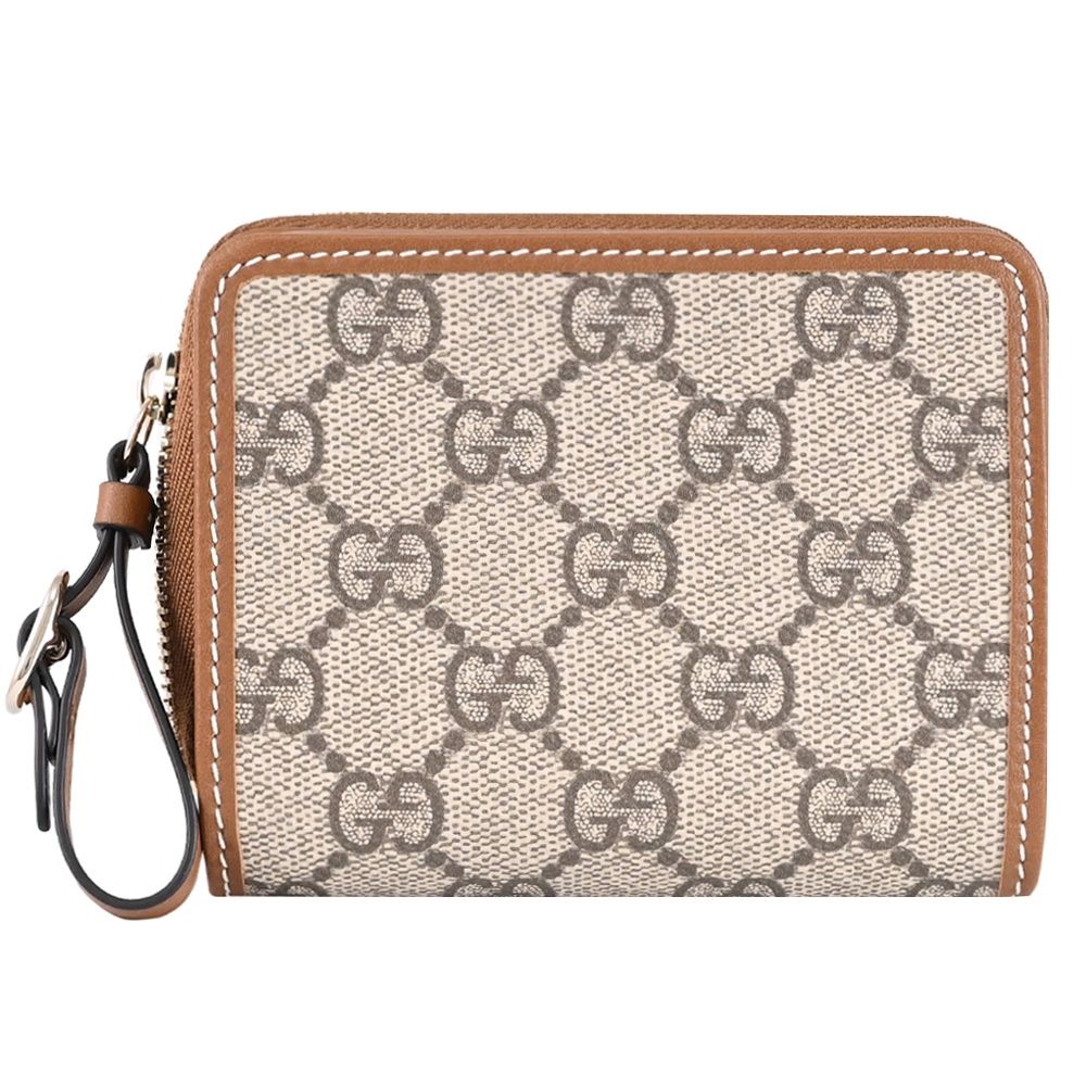 GUCCI GG Emblem 經典塗層印花扣式零錢短夾(咖邊)