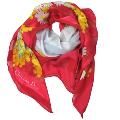 Christian DIOR 迪奧 紅底白黃雛菊花卉漸層色塊圖騰LOGO絲質大絲巾(90*90CM)