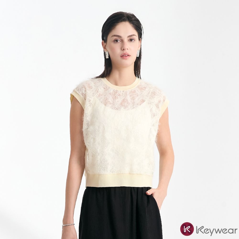 KeyWear奇威名品      柔杏蕾絲透紋無袖針織上衣-象牙白