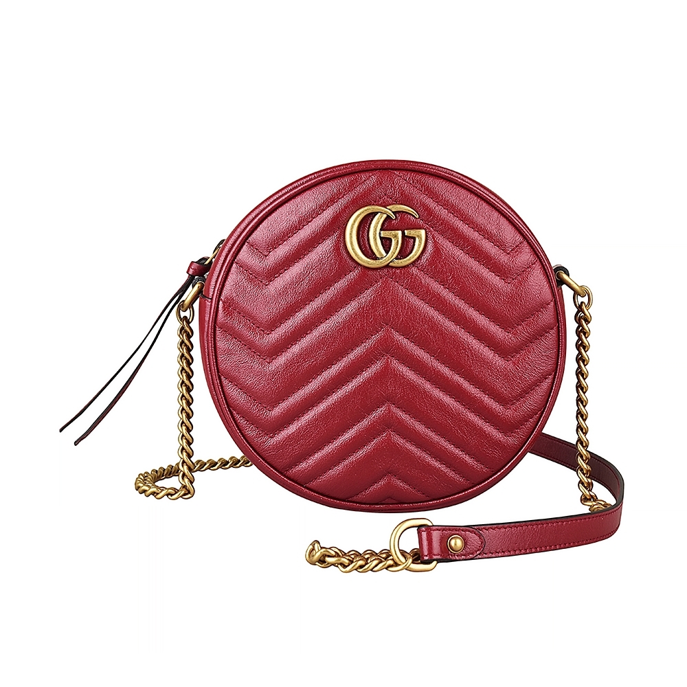 GUCCI 古馳 MARMONT金屬LOGO圓形設計牛皮W字紋鏈帶拉鍊斜背包