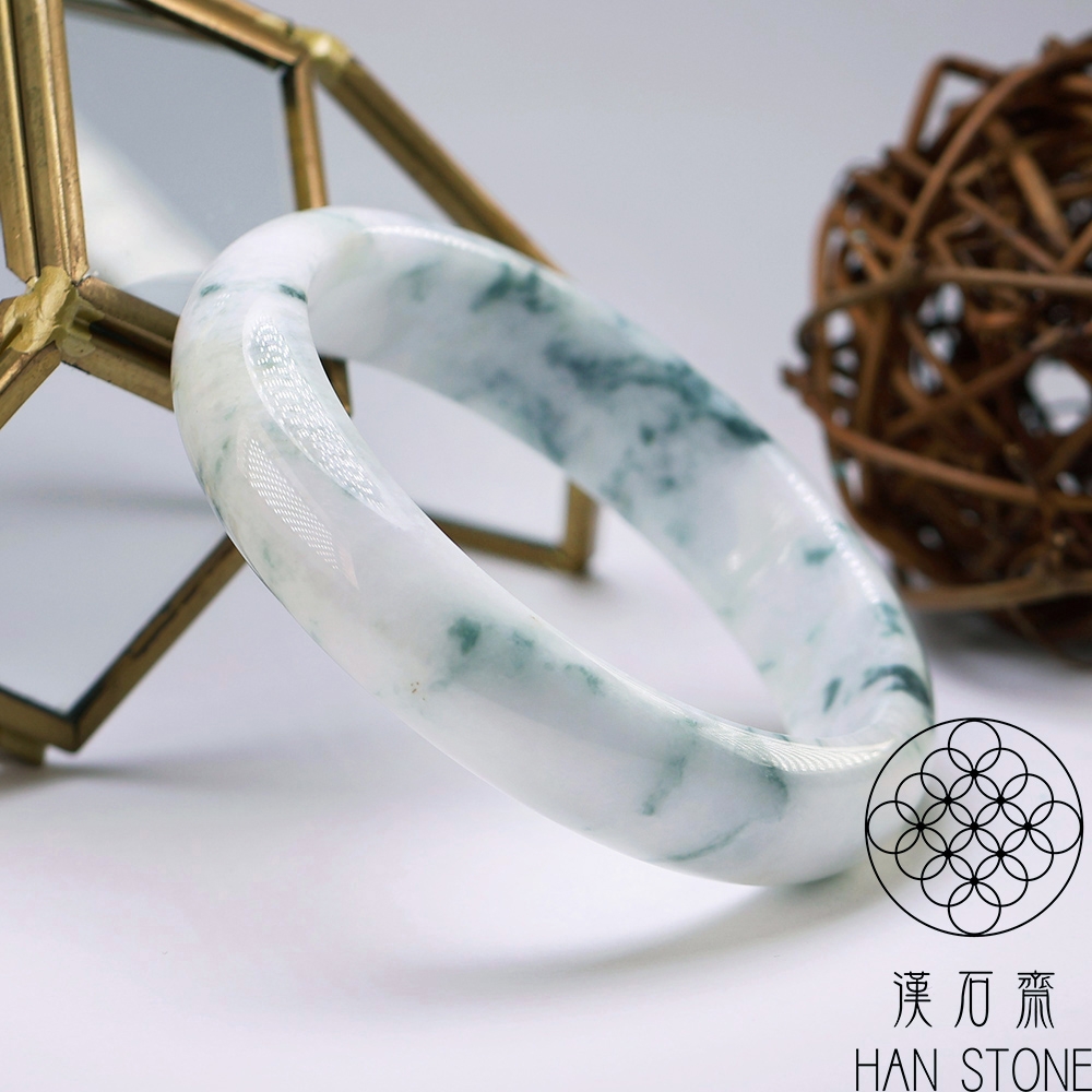 漢石齋】 天然翡翠A貨手鐲玉鐲白底飄花種(手圍20.1/版寬15.4mm) | 漢石