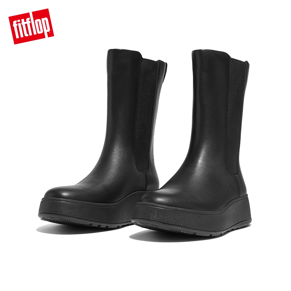 【FitFlop】F-MODE LEATHER FLATFORM HIGH CHELSEA BOOTS全皮革厚底中筒靴-女(靓黑色) (靓黑色)