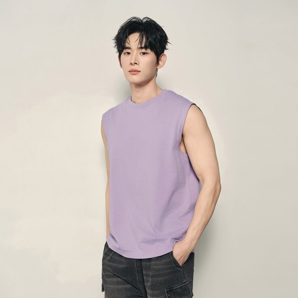 GIORDANO 韓國同款 男裝純棉圓領寬鬆無袖背心【多色任選】 (74 紫藤色)
