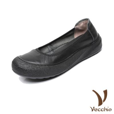 VECCHIO 真皮厚底鞋 休閒厚底鞋/真皮頭層牛皮小圓頭淺口厚底鞋 黑