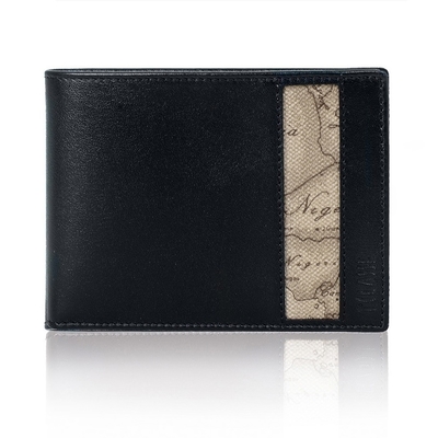 Alviero Martini 義大利地圖包 旅行系列 4卡零錢袋短夾 皮夾-地圖灰/黑色