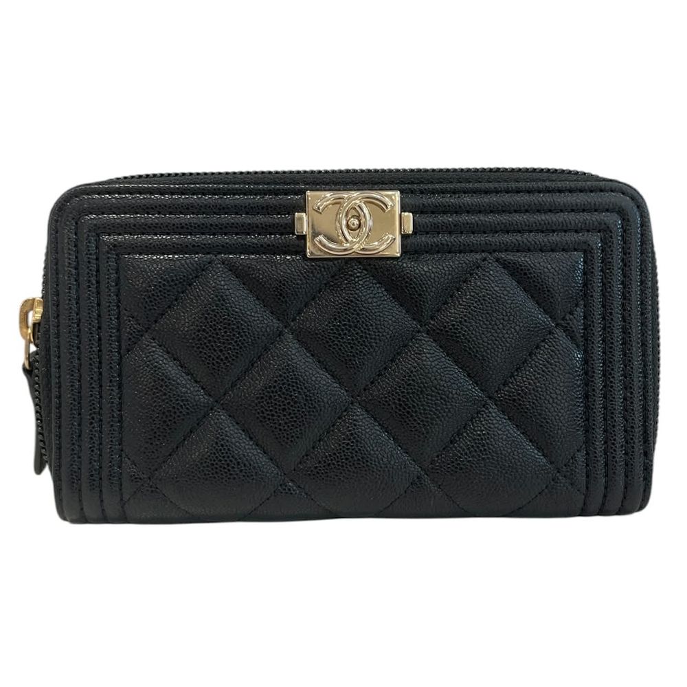 二手品 CHANEL 牛皮金釦BOY中夾 黑色