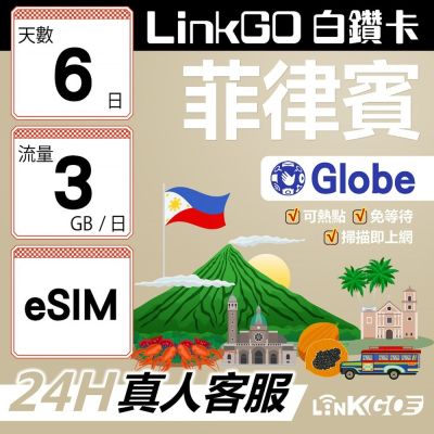 LINKGO白鑽卡 菲律賓 eSIM卡 Globe電信 6天上網絡卡 每日3GB 高速流量(菲律賓網絡卡 宿霧 巴拉望 馬尼拉)