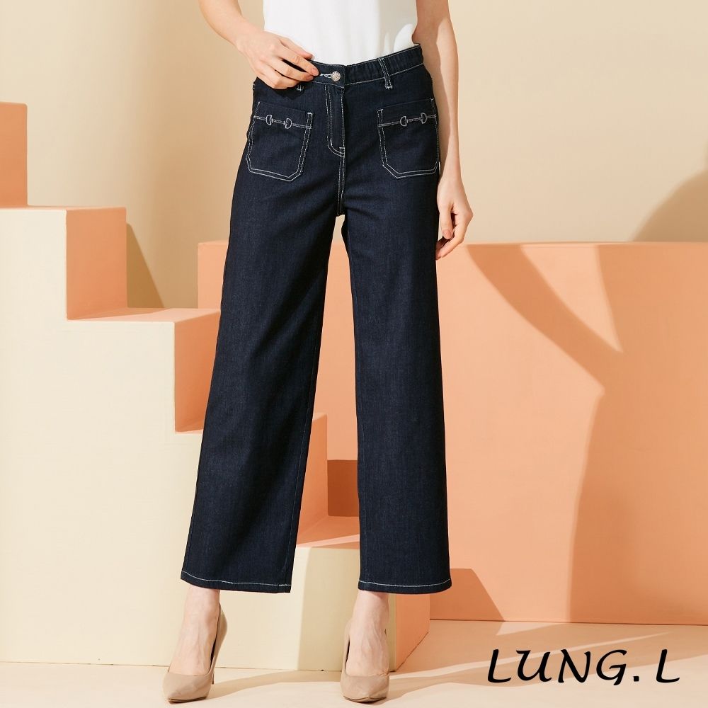 LUNG.L林佳樺 深藍造型口袋車線彈性牛仔長褲 LU38E