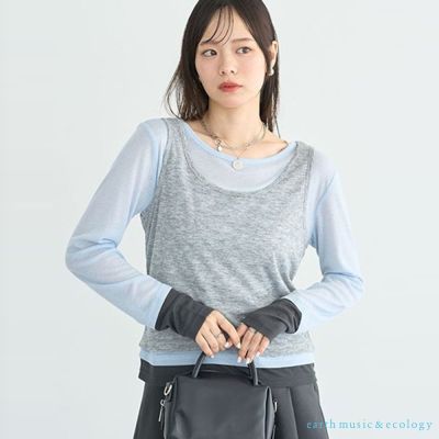 〔earth music〕【SET ITEM】撞色設計透膚長袖上衣+圓領背心