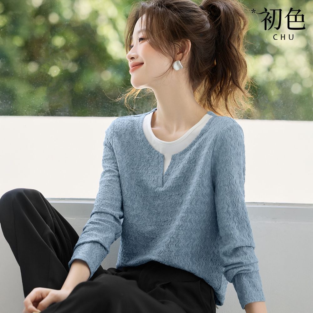初色 拼接長袖圓領撞色波浪肌理T恤上衣女上衣-藍色-15166(M-2XL可選)