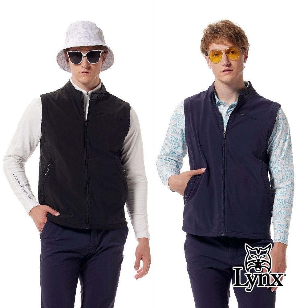 【Lynx Golf】男款保暖防風防潑水四面彈性內刷毛羅紋織帶剪接造型膠印拉鍊口袋無袖背心(二色) (黑色)