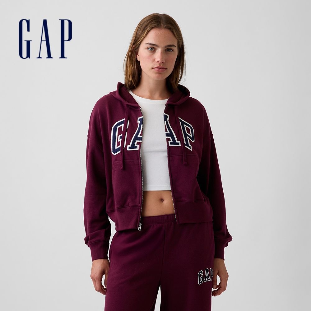 【GAP】寬鬆版Gap Logo法式毛圈布拉鍊連帽外套-深酒紅(887993) (深酒紅)
