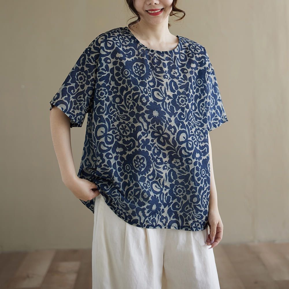 AKARA 天絲涼感紗剪影五分袖上衣 女裝 中大尺碼 均碼 (印花色)