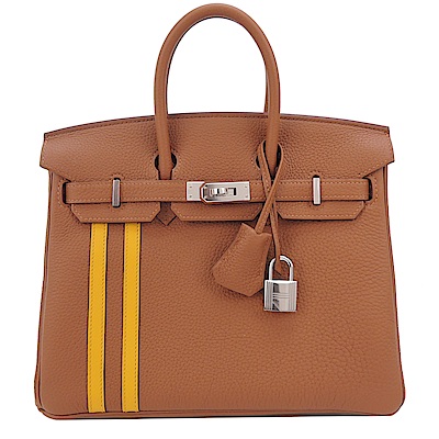 HERMES 愛馬仕 BIRKIN 條紋裝飾TG牛皮柏金包( 25CM/AB棕/金釦)