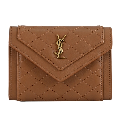 YSL Saint Laurent聖羅蘭 YSL Saint Laurent 經典LOGO羊皮扣式卡夾零錢包(咖)