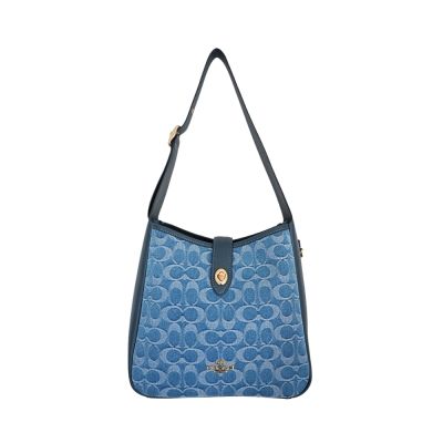 COACH Hadley丹寧藍C LOGO緹花丹寧布拼接皮革斜背馬鞍包