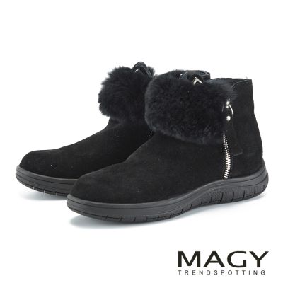 MAGY 保暖兔毛滾邊牛麂皮拉鍊平底短靴 黑色