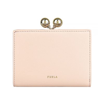FURLA 小牛皮Dots系列燙金LOGO 6卡按釦式口金零錢中夾(幻影粉紅x淡粉紅)
