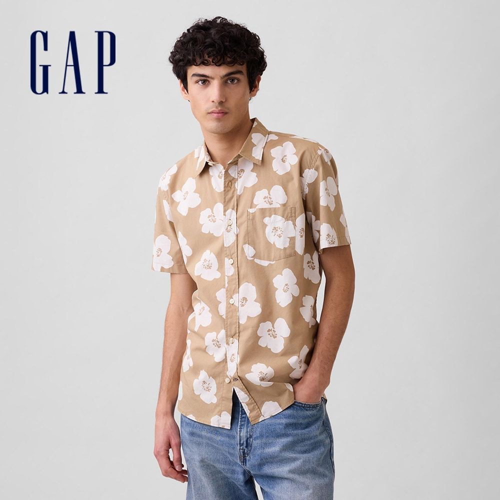 【GAP】標準版型彈性府綢襯衫-棕色花卉/鼠尾草綠(707290) (棕色花卉)