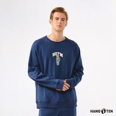 Hang Ten 男裝- 加州熊休閒印花大學T-青石藍