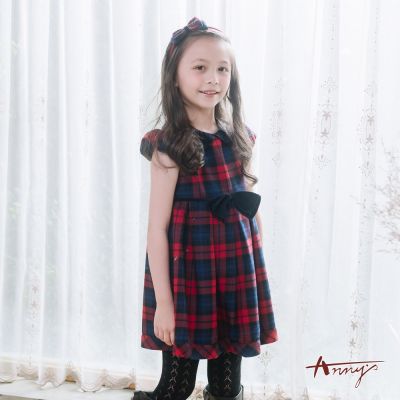 Annys安妮公主-氣質歐式格紋小圓領蝴蝶結秋冬款公主袖洋裝*3258藍色