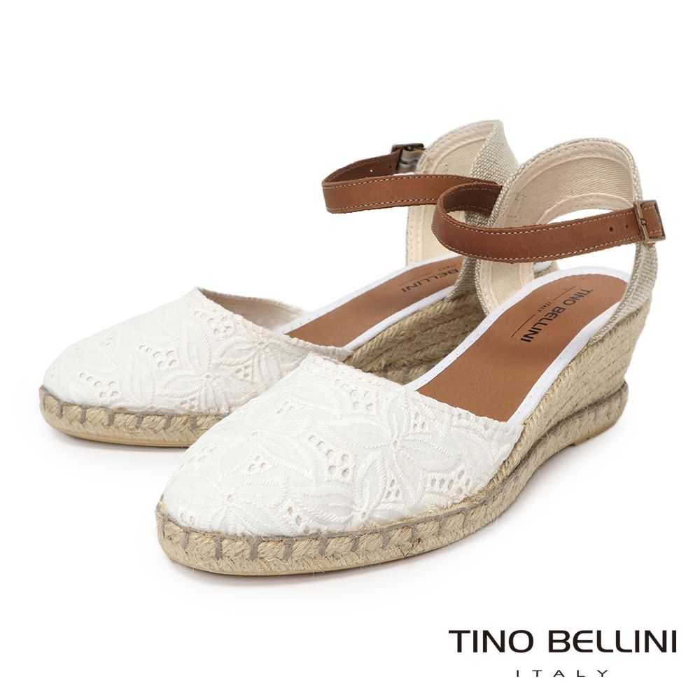 【TINO BELLINI 貝里尼】西班牙進口 歐美復古 繫踝麻編楔型 涼鞋 FS4T001A-0(白)