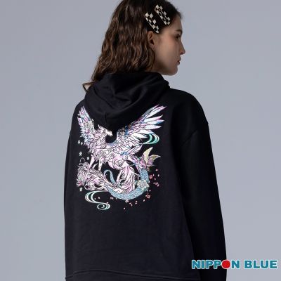 日本藍 BLUE WAY – 金標百福白狐女款連帽長TEE