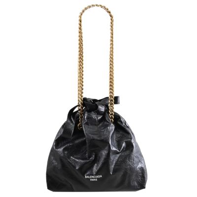 BALENCIAGA巴黎世家 BALENCIAGA CRUSH TOTE 金屬LOGO揉製牛皮托特/鍊包(黑金 S)