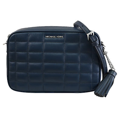 MICHAEL KORS Jet Set 金屬LOGO車線皮革斜背包/方包(深藍)
