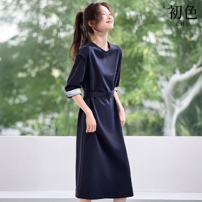 初色 簡約拼接長袖圓領A字裙中長裙連衣裙連身洋裝-藏青色-18530(M-2XL可選)