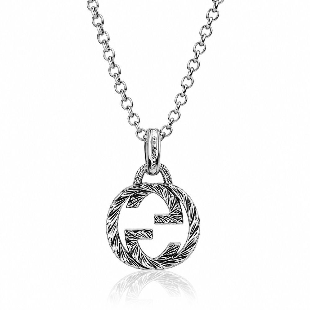 (展示品) GUCCI 古馳 Interlocking 小雙G復古雕花925純銀長版項鍊