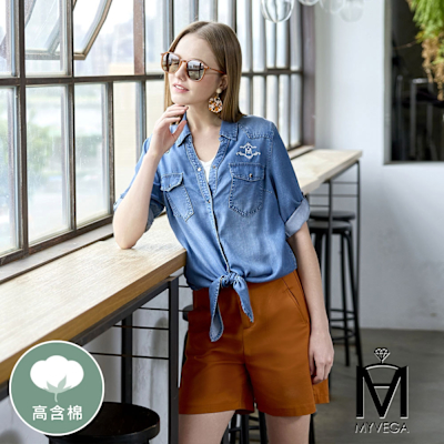 MYVEGA麥雪爾 MA高含棉LOGO刺繡牛仔外套-淺藍