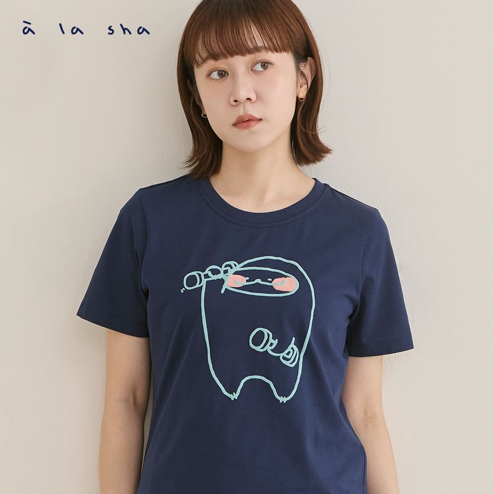 a la sha 當季魅力▼ 抹茶一起健身短袖棉T (深藍)