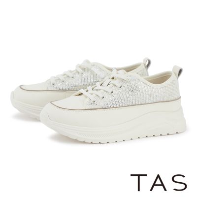 TAS 牛貼皮亮片網綁帶厚底休閒鞋 米白