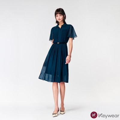 KeyWear奇威名品    壓褶雪紡短袖襯衫洋裝(共2色)-藍綠色