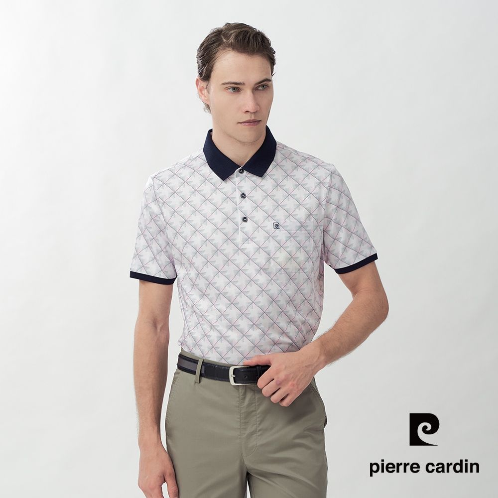 pierre cardin 皮爾卡登 休閒服飾 男款 撞色翻領菱格印花短袖POLO衫-白色(5267272-90)