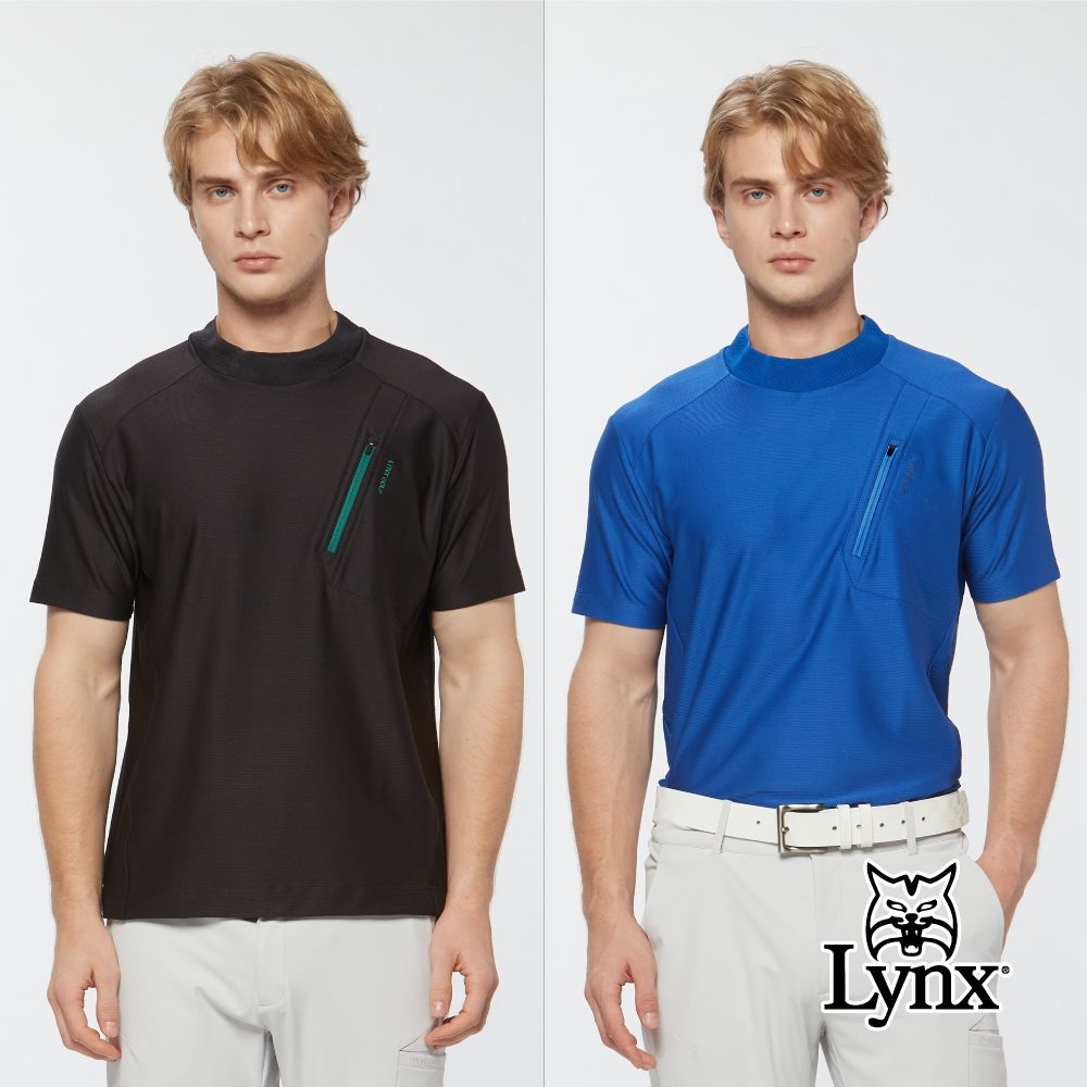【Lynx Golf】首爾高桿風格！男款吸排內印涼感拉鍊胸袋設計立領短袖POLO衫(二色) (黑藍色)