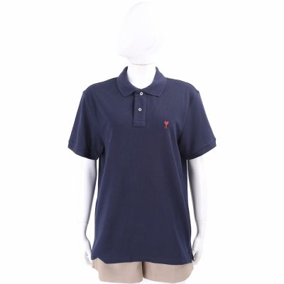 AMI PARIS Red Ami De Coeur 紅心A補丁純棉深藍短袖POLO衫(男/女可穿)