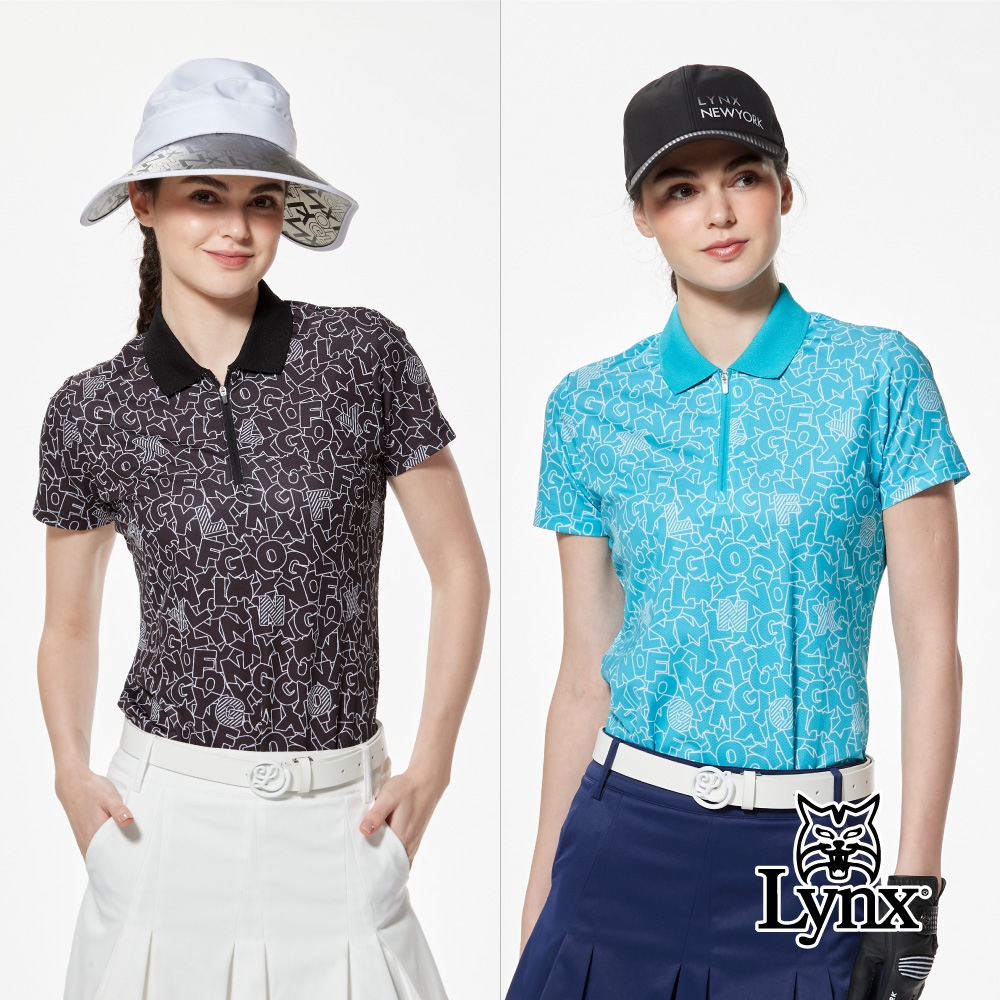 【Lynx Golf】女款吸溼排汗滿版LOGO塗鴉感印花後背配布剪裁短袖立領POLO衫/高爾夫球衫(二色) (黑色)
