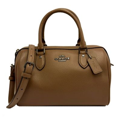 COACH 素面牛皮手提/斜背兩用波士頓包(摩卡咖)