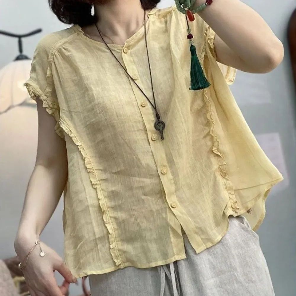 【LANNI 藍尼】★輕透荷葉邊棉麻感襯衫(女裝/女上衣/休閒/優雅/日系/通勤) (黃)