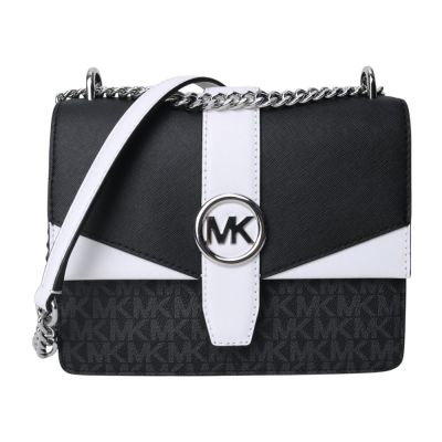 MICHAEL KORS 銀MK防刮拼色鍊帶斜背包296(黑x白)小款