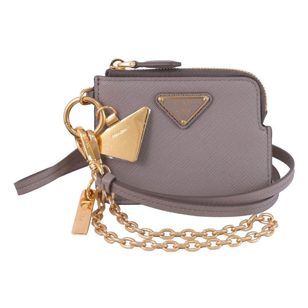 PRADA 金屬三角LOGO防刮皮革鍊條頸掛式拉鍊零錢包(灰)
