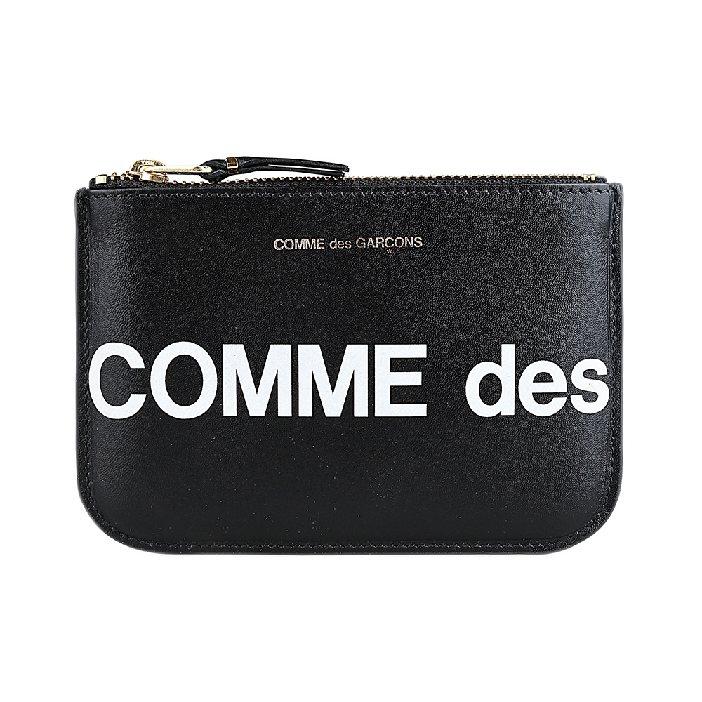 COMME DES GARCONS川久保玲燙印LOGO白字印花牛皮拉鍊零錢包(黑)