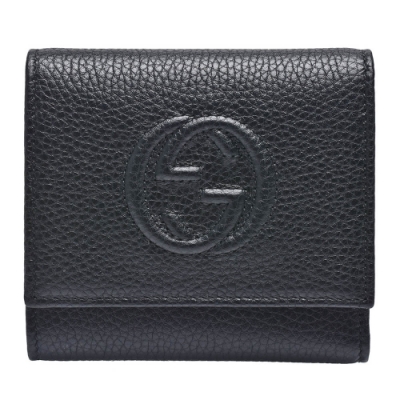 GUCCI 古馳 經典雙G LOGO荔枝紋牛皮暗釦三折短夾(黑)