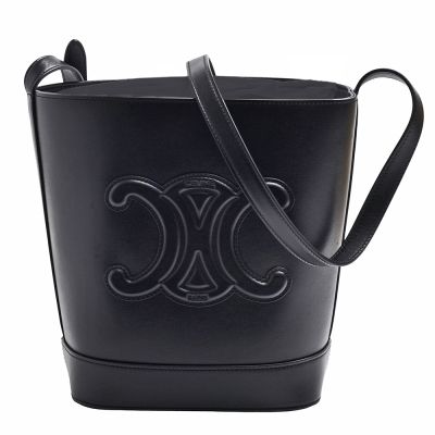 CELINE 經典CUIR TRIOMPHE BUCKET標誌光滑小牛皮斜背水桶包(小-黝黑色)